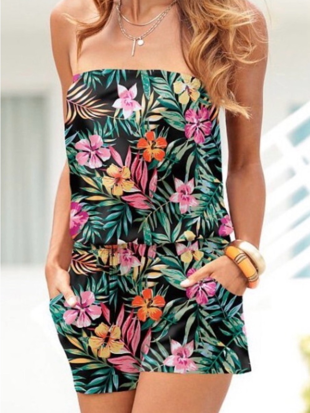 Lascana Strapless Tropical Floral Romper